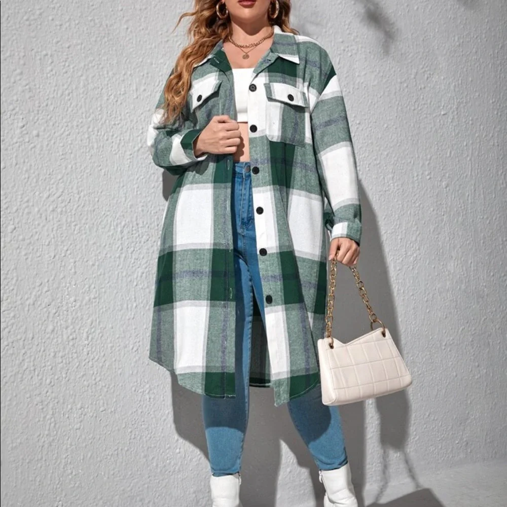 Plus Size Plaid Pocket Light Jacket Shacket Long Shirt Green BELT NOT INCLUDED - Picture 1 of 16